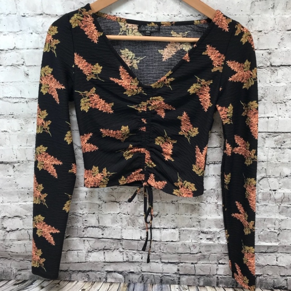 Top shop long sleeve floral crop top with ruching